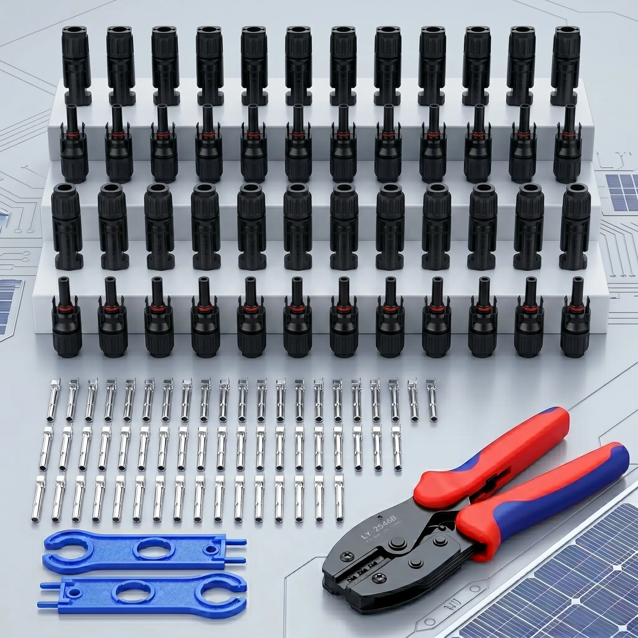 Durable Solar Connectors Complete All-in-1 Assembly Kit - 20 Pairs with Terminals, Crimper, 2 Wrenches, Wire Stripper, for 2.5/4mm² PV Cable, Built for the Outdoors, DIY Enthusiasts’ RV & Boat Solar Setup