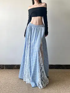Blue Plaid Lace Skirt, Women's Summer Lightweight Long Skirt, Mid-Waist Elastic Waist, Loose-Fitting A-Line Dress