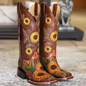 Hand Tooled Sunflower Cowgirl Boots 🌼 Square Toe
