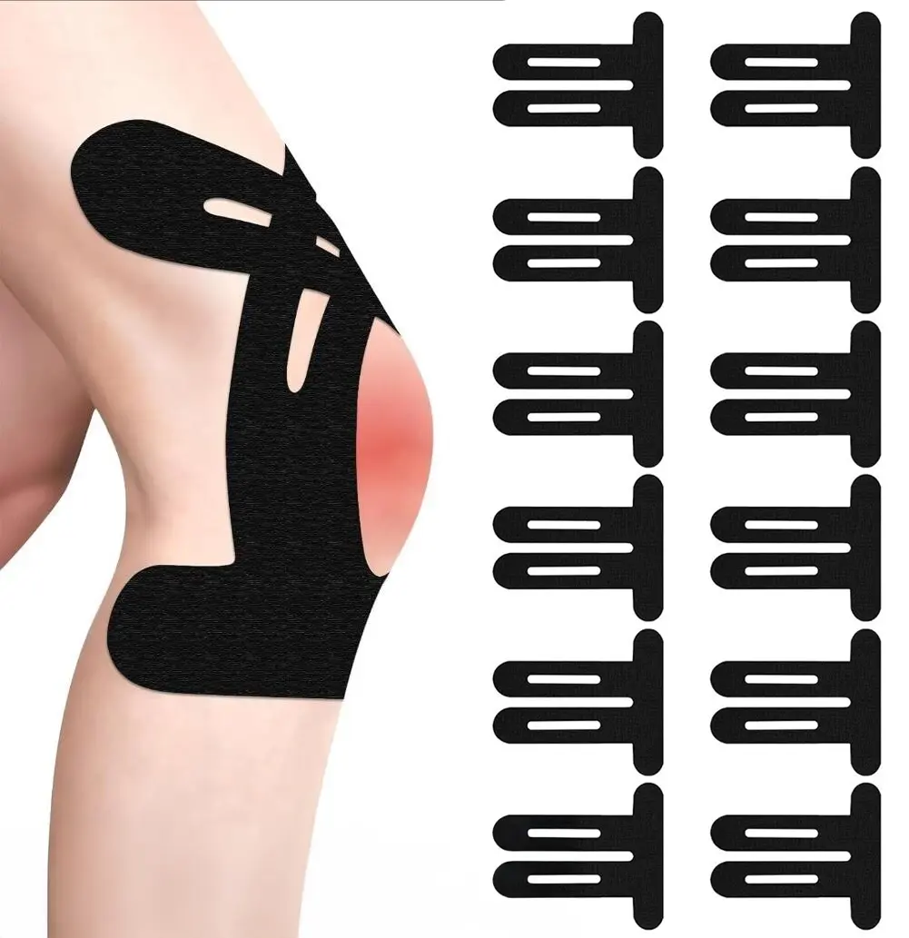 Precut Kinesiology Tape for Knees,12 Pcs – Elastic Knee Support & Stability, Pain Relief – Waterproof, Breathable, Hypoallergenic Athletic Tape (Black)