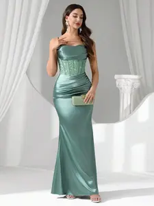 Women's Long Rhinestone Mesh Black Evening Gown