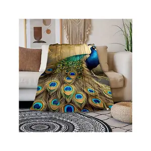 1pc Golden Peacock Pattern Printed Blanket, Soft And Comfortable Blanket Travel, Nap Blanket Sofa Bed, Office Home Decoration, Birthday Holiday, Available All Year Round