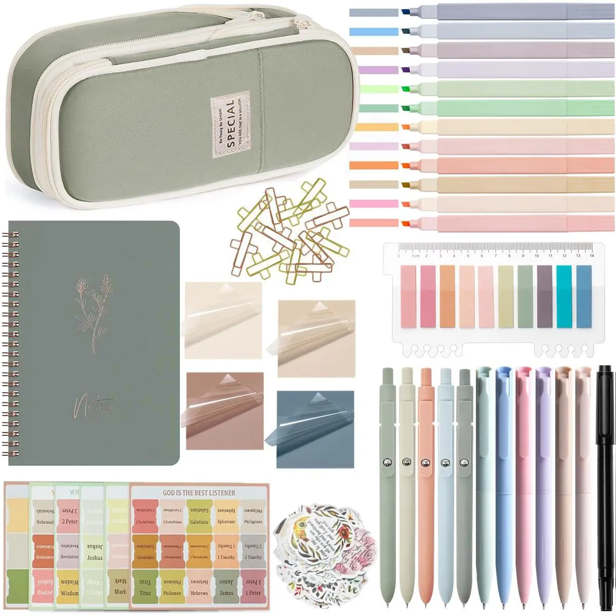 Bible Study Supplies Set, 1 Set Including Notebook & Pen Case & Highlighter & Pen & Sticker & Label, School Supplies Bible Study Group Essentials Stationery Set, Ballpen Set, Student Essentials