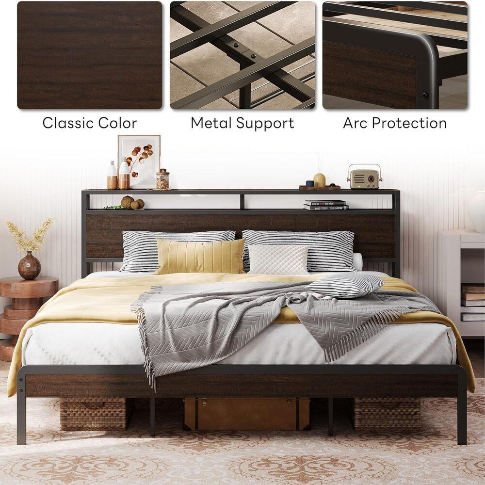 LIKIMIO California King Bed Frame with Headboard, Dark Wood Camas California King with Strong Supports, Sturdy, Noise-Free