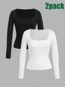 Girls' basic long sleeved T-shirt 2-piece set, Casual tee tops, slim fit and versatile, suitable for all seasons, casual and comfortable, soft and skin friendly, suitable for daily school, outdoor activities and multiple scenarios, Plain Shirt