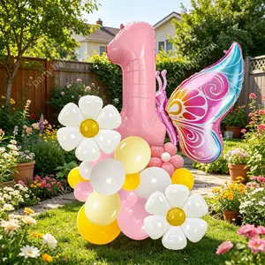 41-Piece Spring Daisy Butterfly Birthday Balloon Set, Numbers, Daisies, Gold Stripes, Flower Design, Party Decorations