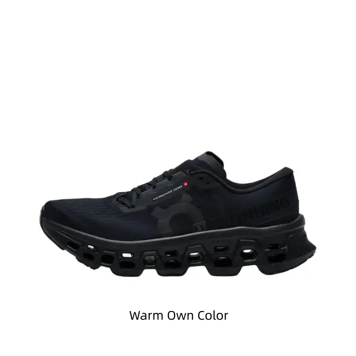 Sleek total black chunky techwear sneakers with hollow carved black cushion sole, fully ventilated matte black woven mesh, timeless dark minimalist footwear for all-season urban & outdoor outfits, shop today