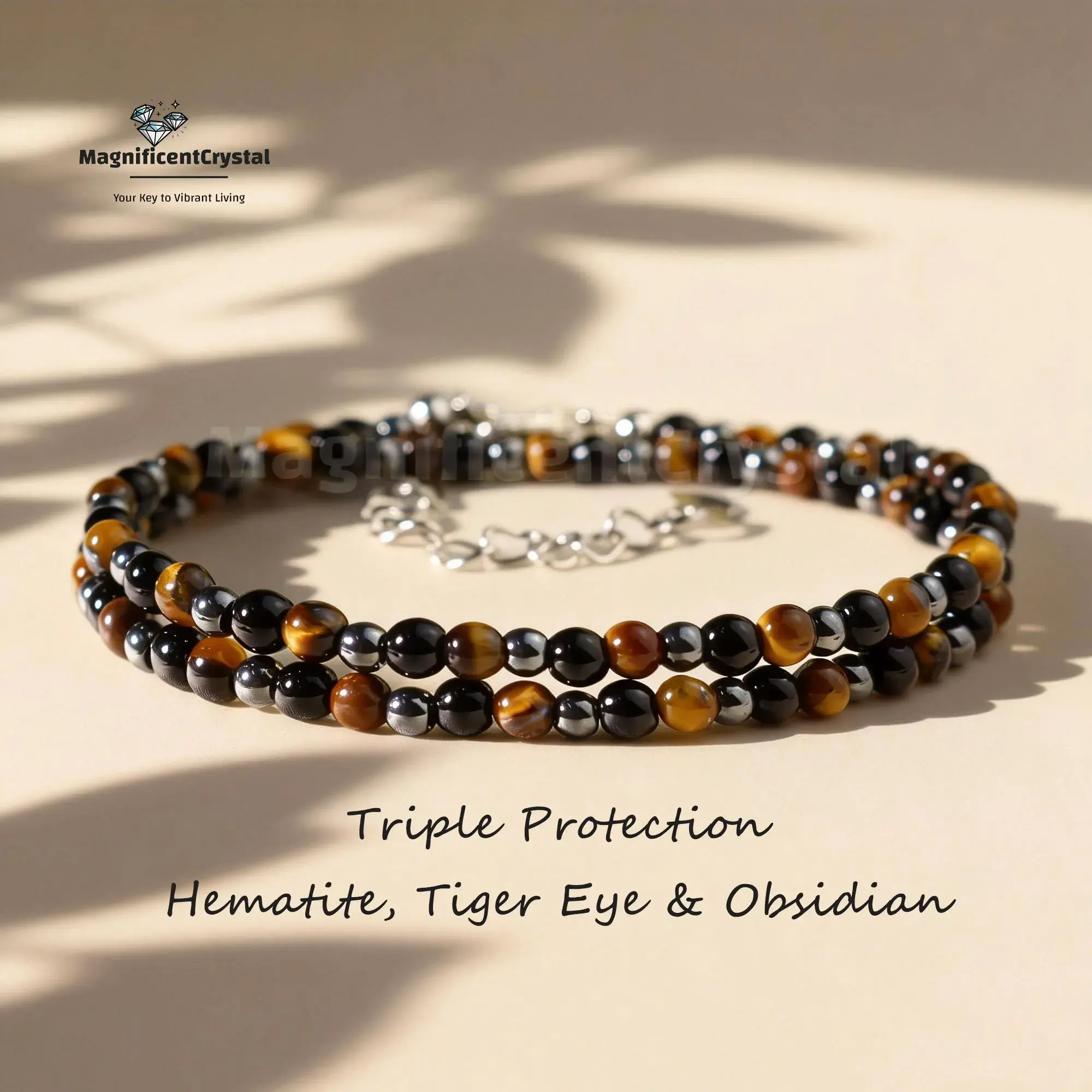 Triple Protection Choker, Hematite Tiger Eye Black Obsidian Jewelry, Spiritual Shield Crystal Necklace