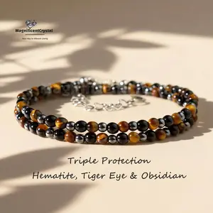 Triple Protection Choker, Hematite Tiger Eye Black Obsidian Jewelry, Spiritual Shield Crystal Necklace