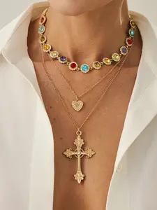 Vintage Metal Cross Pendant Long Necklace Set, Bohemian Style Colorful Crystal Pendants, Casual Daily Wear Jewelry for Women