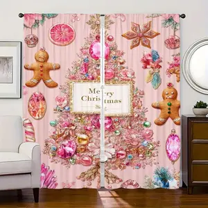 2D Flat 2Pcs Christmas Tree Gingerbread Man Printed Curtain Panel Pole Pocket Style Semi-Sunshade Polyester Fiber for Home Living Room Bedroom Balcony Kitchen Study and Shower Window Decoration Festive Holiday Gift Anti-Privacy .