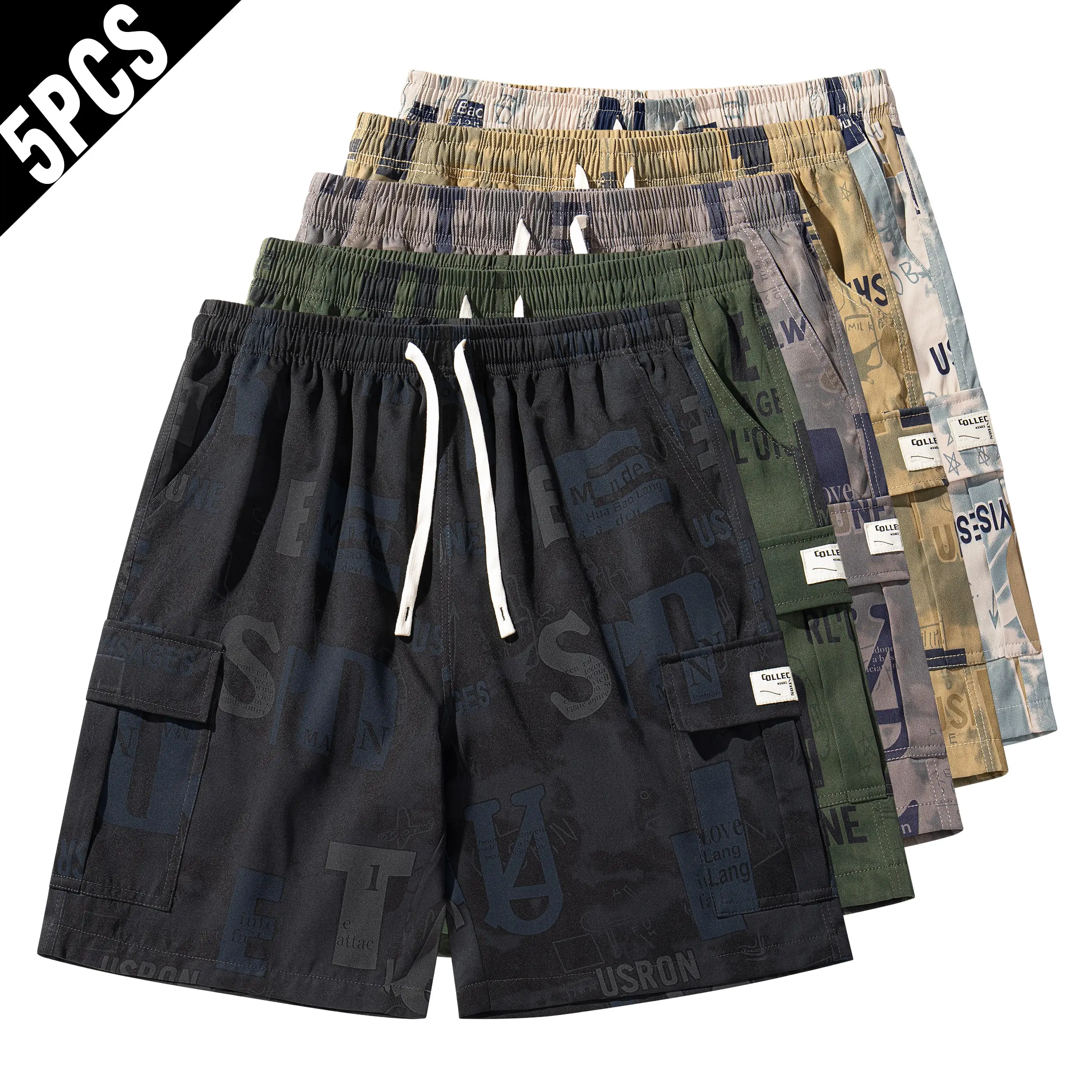 5 Pack Men Allover Graffiti Letter Print Cargo Shorts, Elastic Drawstring Multi Side Pocket Knee Length Loose Vintage Street Casual Utility Shorts Multipack breathable summer outdoor short sport bottom