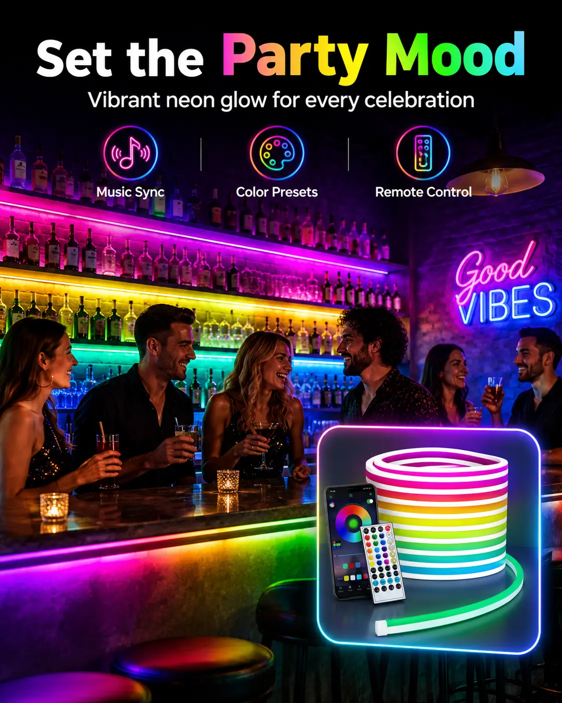 6Premium Silicone Cuttable RGB LED Strip Lights (RGB Lights) - 16M+ Colors, APP Control, Included Remote, IP65 Waterproof, USB Powered, Soft Glow for Cozy Indoor Vibe