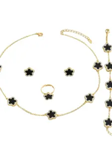 18k Lucky Five-Leaf Clover Jewelry Set, Elegant Ethnic Pattern Necklace Bracelet Earrings Ring, Fashionable Personalized Accessories