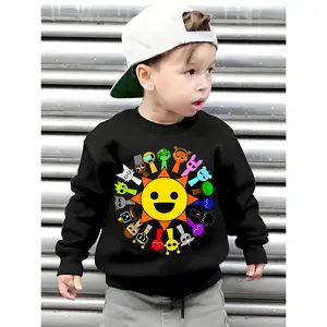 Kids' Sprunki Rhythm Box Print Crew Neck Sweatshirt - Casual Long Sleeve, Colorful Cartoon Design, Cotton, Ideal for Spring/Fall, Everyday Comfort | Playful Graphic Top | Glossy Finish