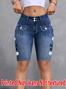 Women's Fitted Jeans Style Pants, Printed, Print, Natural Waist Design, All Season Wearable, Casual Daily, Comfortable & Stylish, Pocket