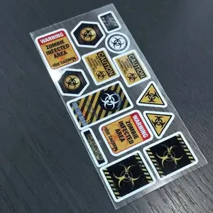 A set of 12 stickers containing warnings about nuclear radiation, viruses, biochemistry, and zombies, designed to decorate