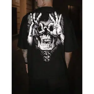Men's Casual Short Sleeve T-Shirt Vintage Dark Skull Style Round Neck Polyester Suitable For Sports & Fitness Halloween Gothic Punk Drop Shoulder Regular Fit