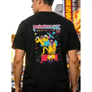 A Lively T-Shirt Featuring a World Tour Pattern with Striking Power Lines, Showcasing Colorful Vintage Designs And Cartoon Characters in Yellow Jumpsuits, Complemented by Bold Typography. Ideal for a Casual Summer Music Vibe