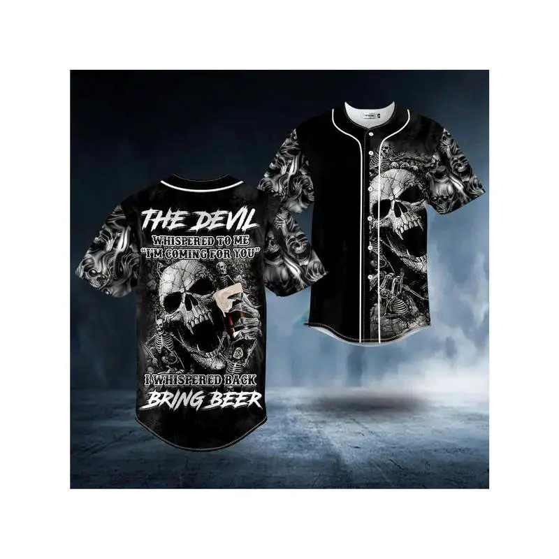 Devil Whisper To Me Scream Breakthrough Beer Skull Baseball Jersey, Men's Clothing, Male Athletic Top, Casual Sporty Jersey Shirt, TikTokMadeMeBuyIt TikTokShop