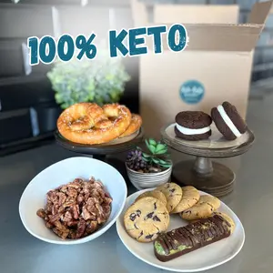 Sugar Free Snack Sampler Box by Keto Katz Bakery- Chocolate whoopie pies, chocolate dubai bar, candied pecans, chocolate chip cookies, soft pretzels