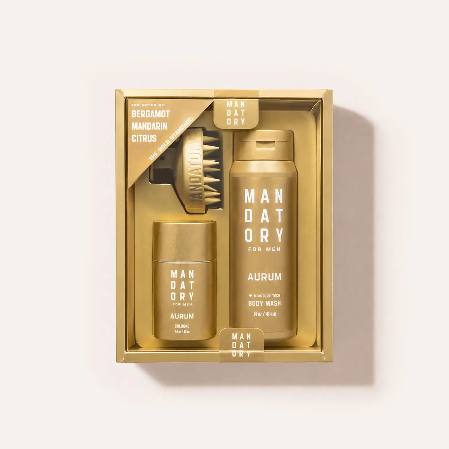 Odosbeauty Mandatory Aurum 3-Piece Gift Set - 2.0 fl oz (60ml), Men's Body Wash + Scalp Massage Brush + Cologne, Aromatic Fougere Fragrance with Citruses, Lavender & Tobaco - Luxurious & Confident Everyday Grooming Set
