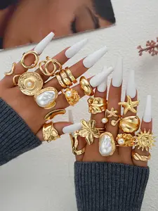 Boho Vintage Elegant Irregular Faux Pearl Sunflower Starfish Open Design Women's Fashion Ring Set, Perfect for Dates Parties Gifts