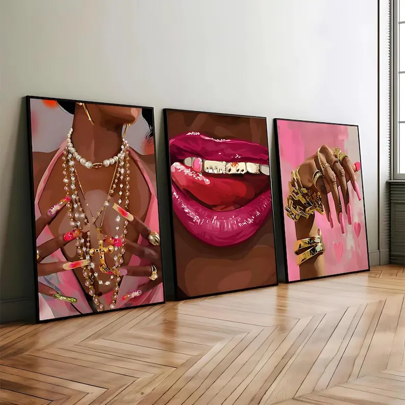 Black women Wall Art Poster Set of 3, Fashion Wall Art, Black Pink Girl Room Decor, Black Women Art Print Poster, Black Girl Wall Art