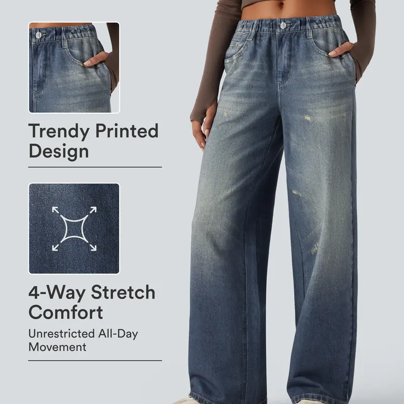 Halara Mid Rise Denim Print French Terry Casual Sweatpants Jeans with Pockets