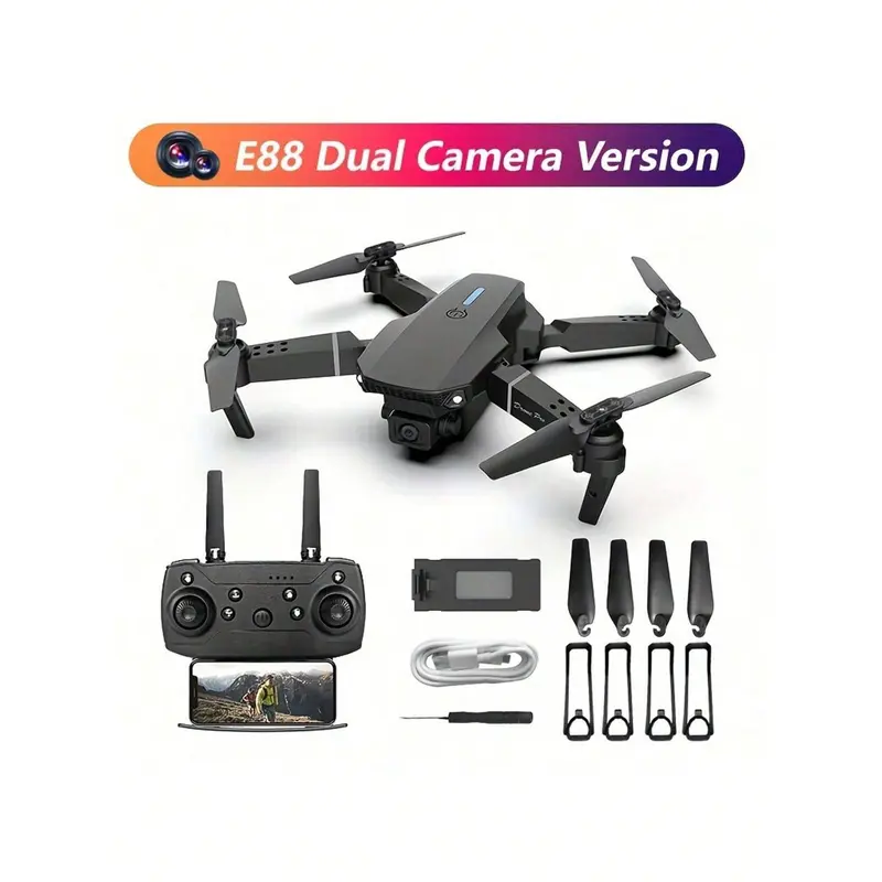 <Black Friday Sale>E88 Foldable Drone, Beginner's Introductory Flying Machine, Handle Remote Control, One Key Takeoff/Landing & Simple Operation, 360 Degree Flip, Horizontal Gyro, 6 Minutes Of Flight Time Per Charge, Gift For Holiday / Birthday.