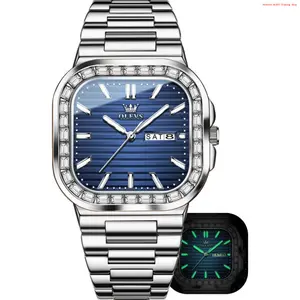 Fashion Brand OLEVS Mens Tank Watch Minimalist Diamond Watch Fashion Dress Analog Quartz Mens Watches Rectangular Waterproof Stainless Steel Luminous with Date Watches for Men(Silver/Rose Gold)