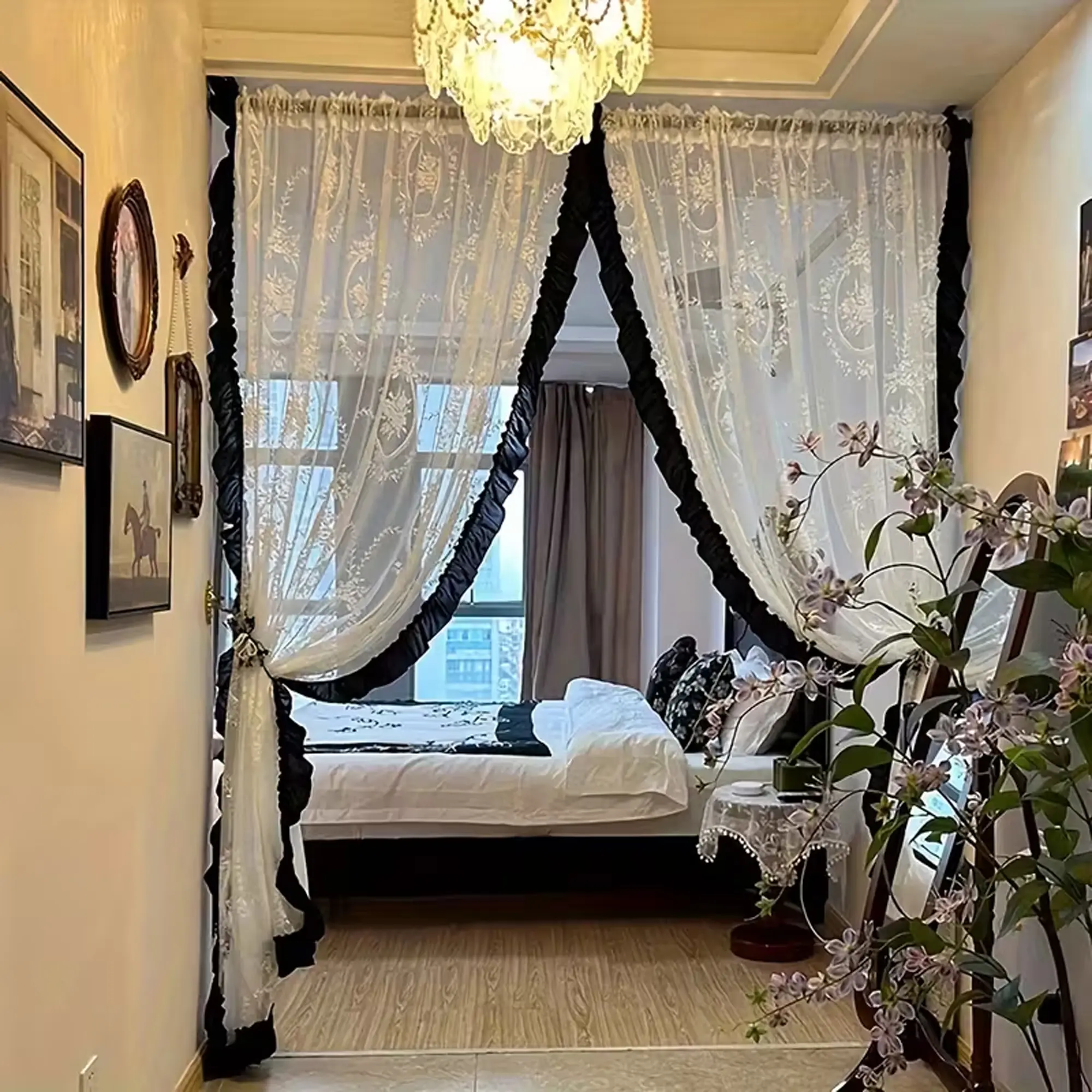 Vintage Floral Embroidered Curtain for Room Decoration, Ruffled Hem Drapes, Bedroom Window Covering, Window Curtains, Home Textile Decor Accessories
