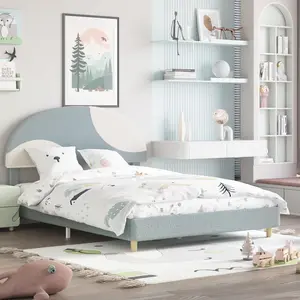 Garvee Full Bed Frame with Round Boucle Headboard, Upholstered Arch-Shaped Design in Soft Blue and White, Modern Bed with Wooden Slats, No Box Spring Needed, Easy Assembly