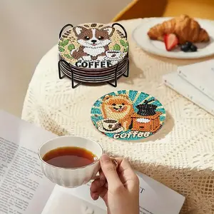 8 Piece Coffee Dog Diamond Puzzle Coasters Set, DIY 5D Cute Puppy Design, Non-Slip Cup Mats, Home Decor, Includes Stand