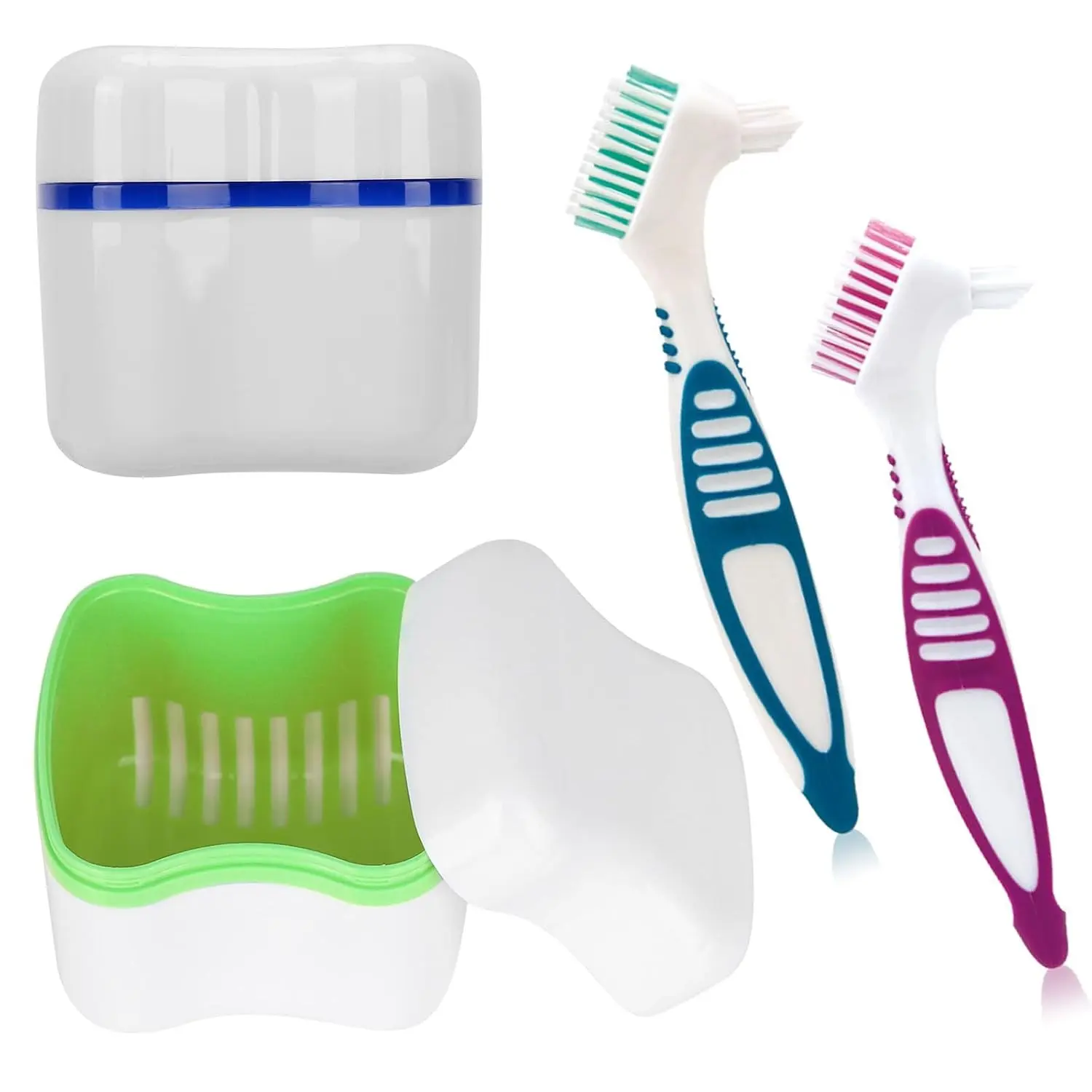 Denture Cleaner Box and Brush Set - 2 Pack Denture Bath Case with Basket + 2 Pack Denture Brush, Portable Denture Retainer Storage Box, False Teeth Brushes for Oral Care (Green and Dark Blue)