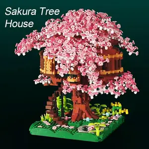flash card 2028PCS Cherry Tree House Bonsai Construction Set Building Blocks DlY Toys Sakura Tree Home Decoration Ornaments Holiday Gifts