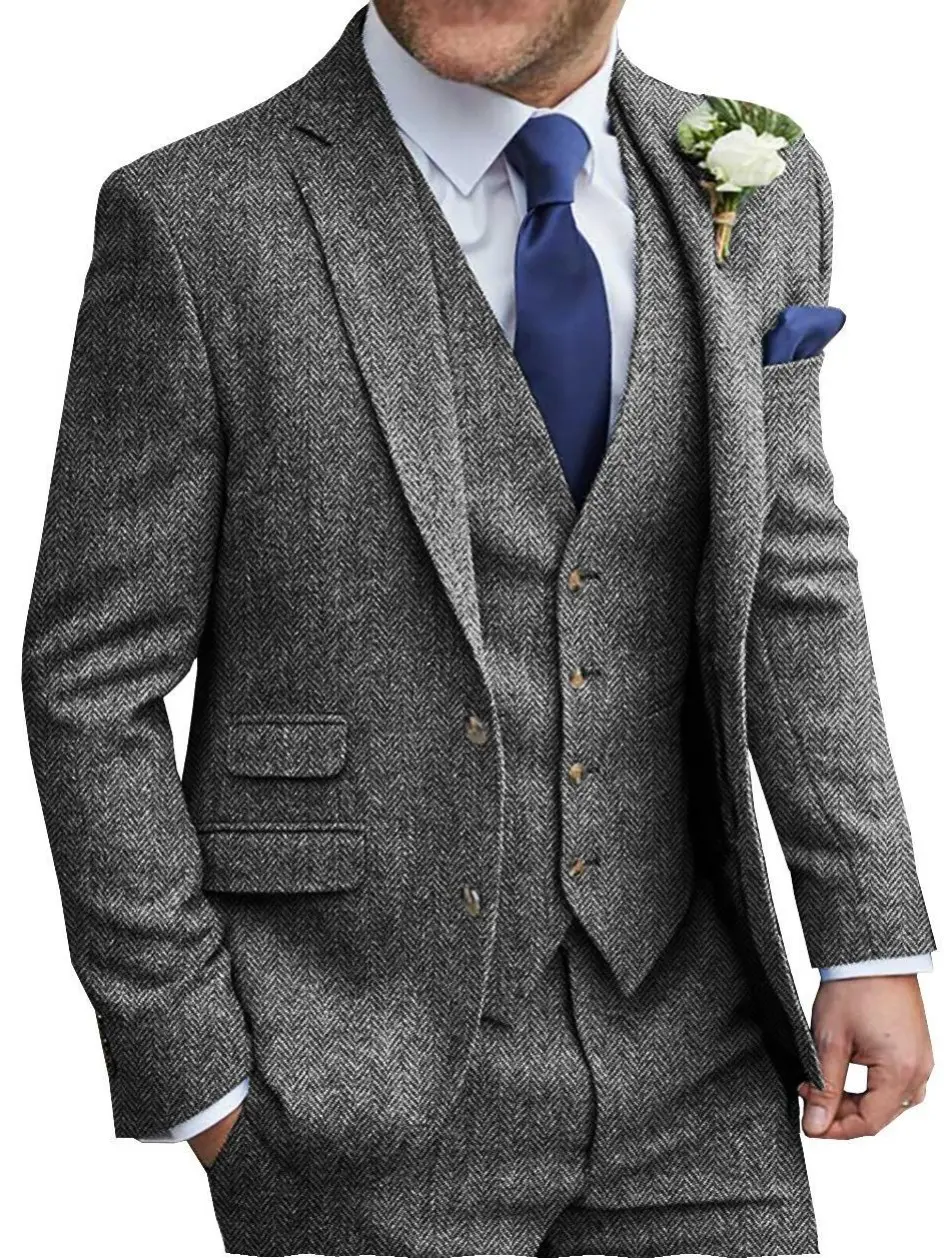 Men's Retro 3-Piece Textured Tweed Herringbone Suit Set - Silk-Accented Blazer, Leather-Trimmed Vest, Crew Neck Pants for Formal Wedding, Graduation Events