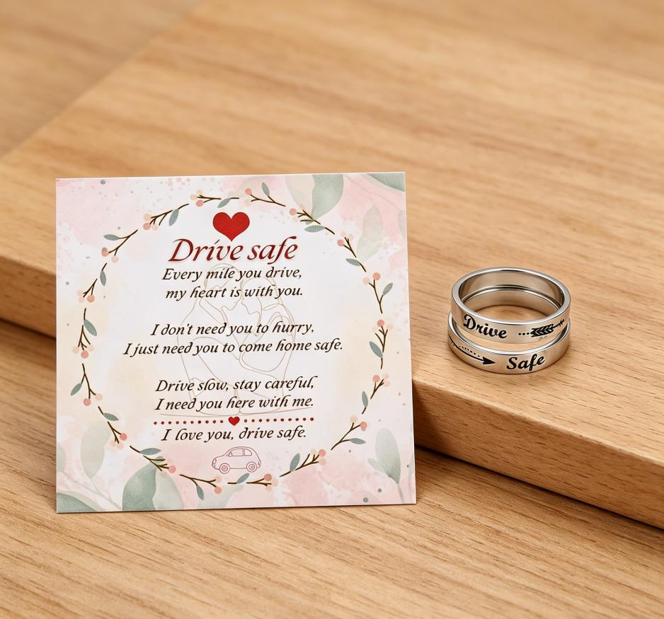 “Drive Safe”Stainless Steel Ring with Sentimental Message Card Couple Promise Ring Gift for Boyfriend Girlfriend Anniversary Birthday Jewelry,0.74 inch
