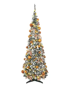Frosted Pop Up Christmas Tree 6FT Pre Lit with 200 Warm White LED Lights, Battery Powered, No Outlet Needed, Easy 2 Min Setup, Flattens for Under Bed Storage