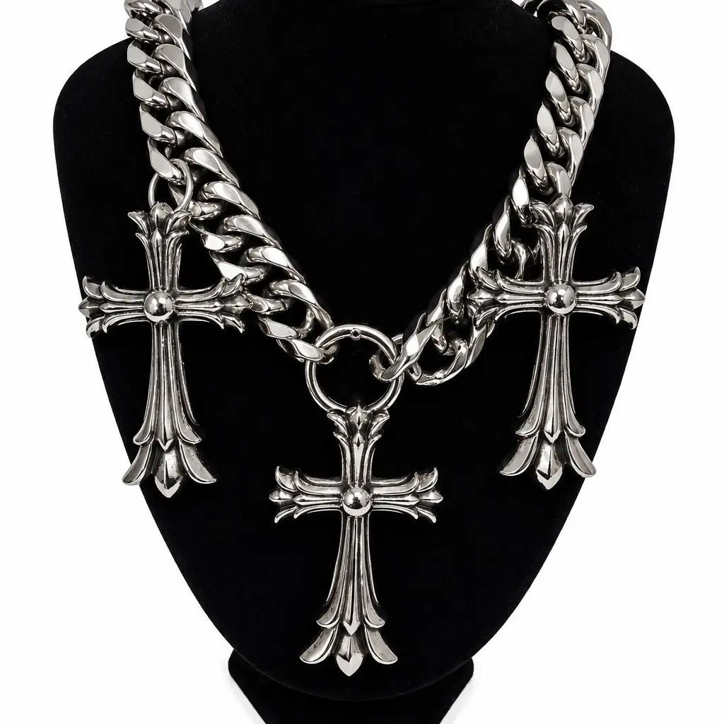Triple Cross Statement Chain Necklace