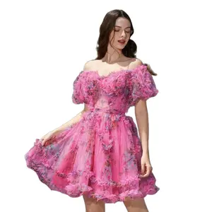 ZAPAKA Beautiful A-Line Off the Shoulder Tulle Short Homecoming Dress with Short Sleeves Floral Pattern Elegant Summer Formal Wear Soft Breathable Lightweight Women's Wear