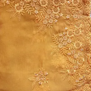 Partywear Sarees - Elegant Gold Embroidered Saree with Floral Motifs and Beaded Accents for Festive Occasions