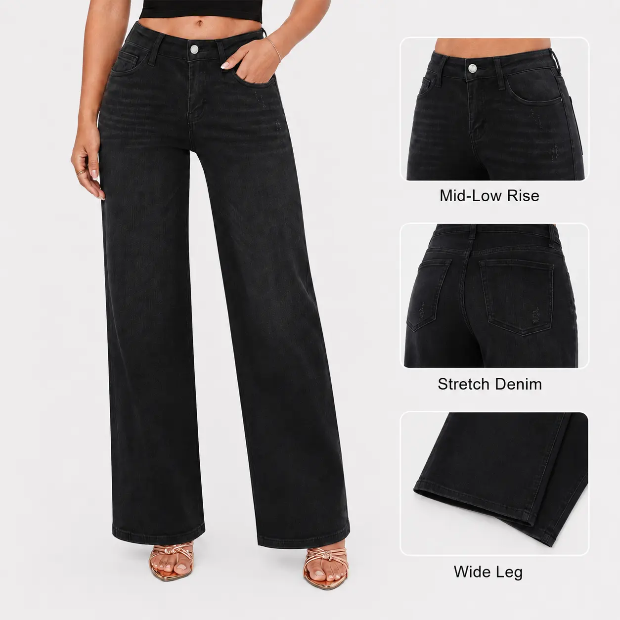 SHAPUM Mid-low Rise Women Baggy Jeans Casual Stretchy Loose Fit Straight Leg Jeans Distressed Pocket Wide Leg Long Denim Pants Comfortable Casual Floor-Length Trousers XS-XL