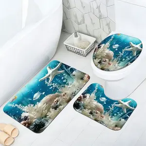 Deep Sea Coral Starfish Ocean Style Bathroom Set, Soft Comfortable Non-Slip Mat, 0.8cm Thickness, Premium Faux Wool Material