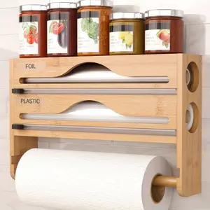 Bamboo 4-In-1 Wall-Mounted Storage Box with Cutter, Space-Saving Dispenser for Wax Paper, Aluminum Foil, Kitchen Organizer Solution Bamboo Wood Stand