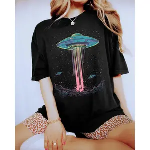 Retro Alien Abduction Tee, Trippy Space UFO Shirt, Outer Space Graphic T-Shirt, Psychedelic Galaxy Print, Funny Sci Fi T-Shirt, Washed Vintage T-Shirts - 100%25 Cotton Unisex Tees
