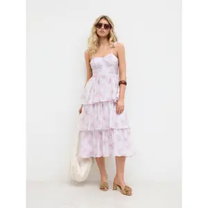 Cider Sweetheart Ditsy Floral Knotted Layered Ruffle Hem Midi Dress