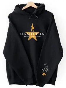 Gold Star Hamilton Musical Oversized Hoodie - Black Broadway Graphic Hoodie with Signature Sleeve, Casual Theatre Lover Outfit