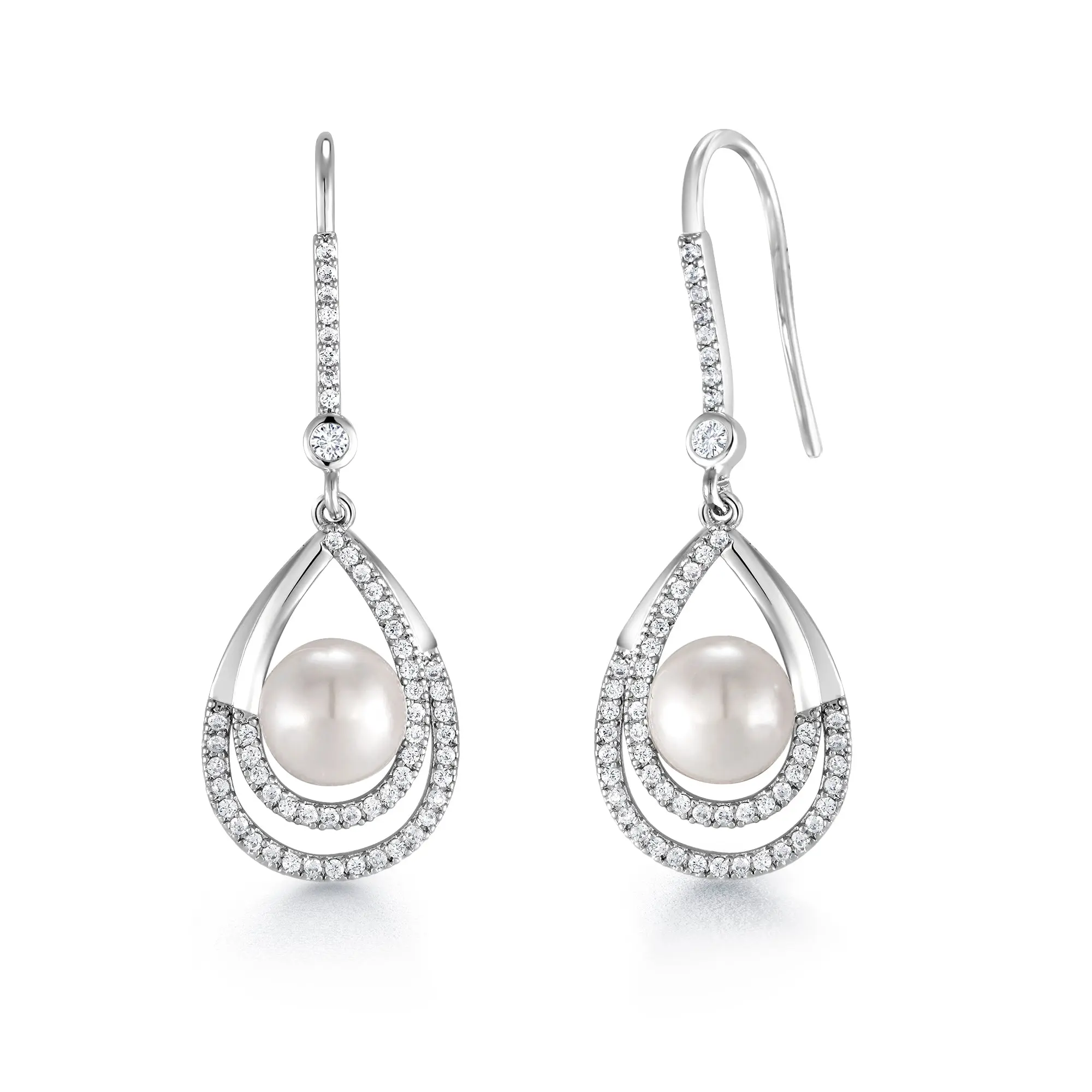 Pearl Fish Hook Earrings, Finest Quality Shell Pearl Dangle Earrings, Round AAA Cubic Zirconia Dangle Earrings, Fishhook Dangle Earrings