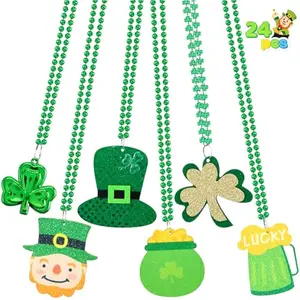 24 Pcs St Patricks Beads Necklaces with 6 Designed Pendants, Green Necklaces Bulk for St. Patrick's Day Carnival Party Favors Decorations Dress Up Accessories, Irish Beer Jewelry Costume